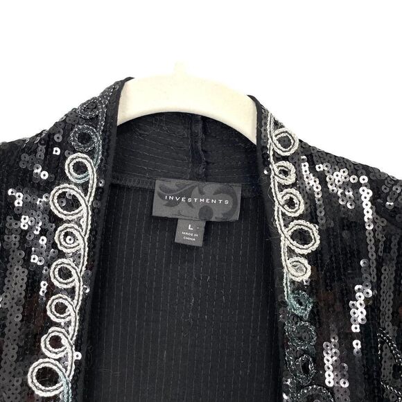 Investments Black Silver Embroidered Sequin Blazer Jacket Sz L - Picture 3 of 9